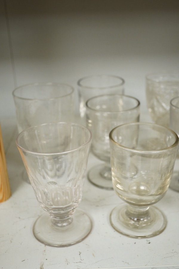 Eleven 19th century glass rummers including two engraved runners, one engraved with fruiting vines and dated 1867 (cracked). Condition - fair, one cracked, and a chip to the rim of another.